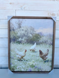 16" x 20" Chickens Playing In Pasture One Brown
