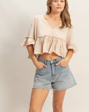 Cropped Ruffle Hem V-neck