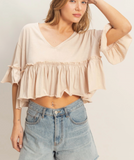 Cropped Ruffle Hem V-neck