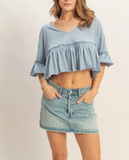 Cropped Ruffle Hem V-neck