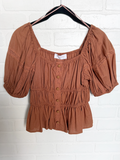 Tiered Shirred Button Lace Top